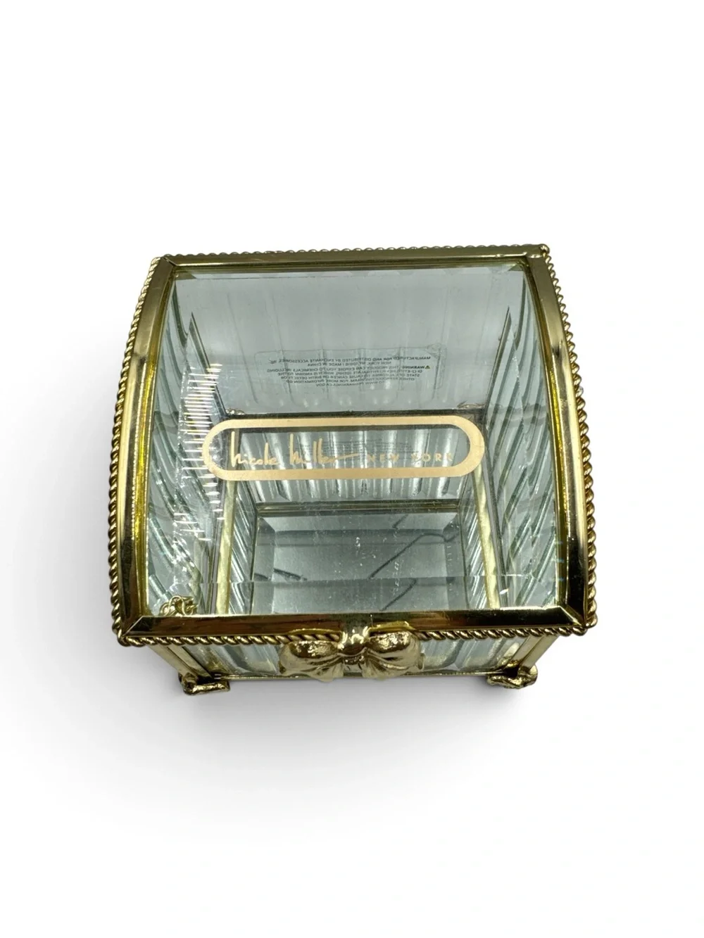 Nicole Miller New York Glass Gold Bow Jewelry Casket Trinket Box Coquette